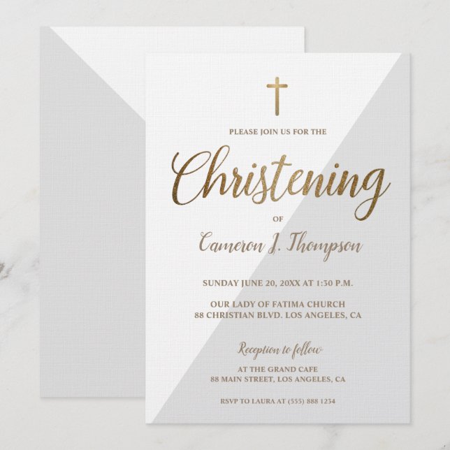 Modern Grey White Gold Christening baby Invitation (Front/Back)