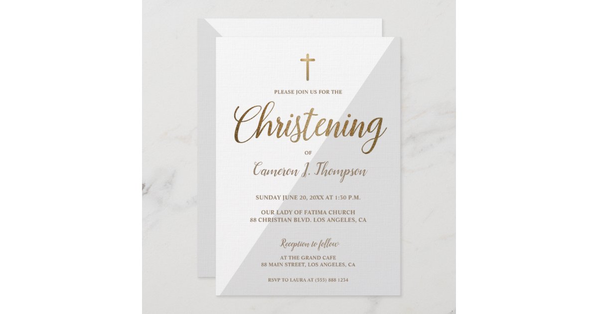 Modern Grey White Gold Christening baby Invitation | Zazzle