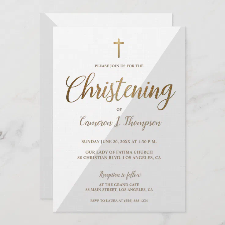 Modern Grey White Gold Christening baby Invitation | Zazzle