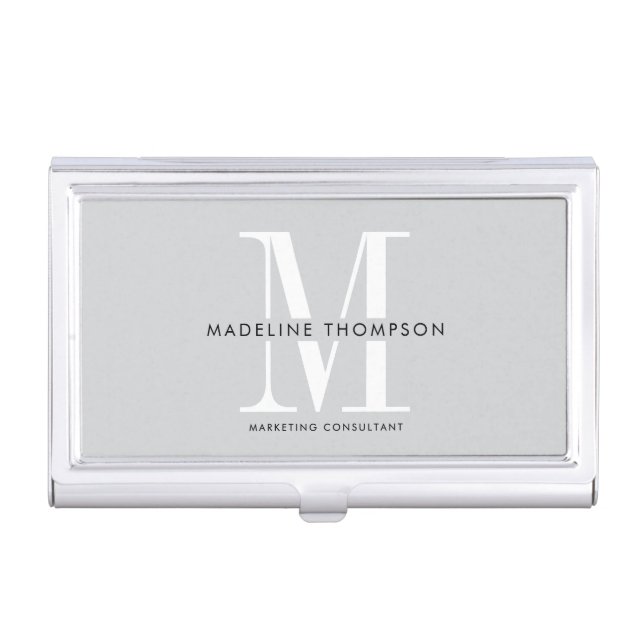 Modern Grey White Monogram Business Card Case (Front)