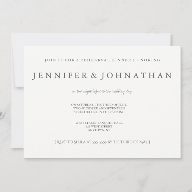 Modern grey & white rehearsal dinner invitations (Front)