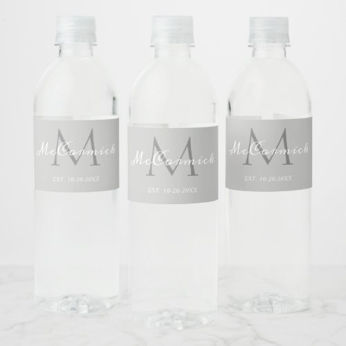 Modern Grey White Script  Monogram Wedding Water Bottle Label