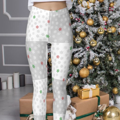Modern Grey White Squares Red and Green Snowflakes Leggings