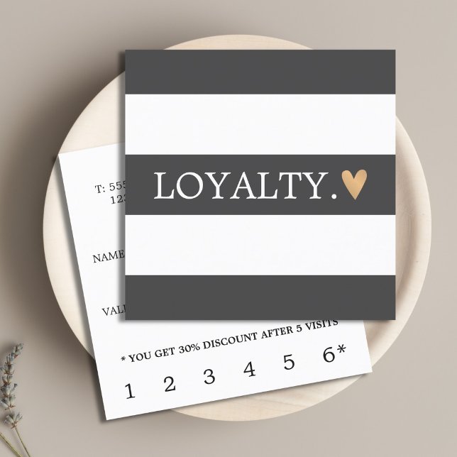 Modern Grey White Stripes Faux Gold Heart Beauty Loyalty Card (Creator Uploaded)