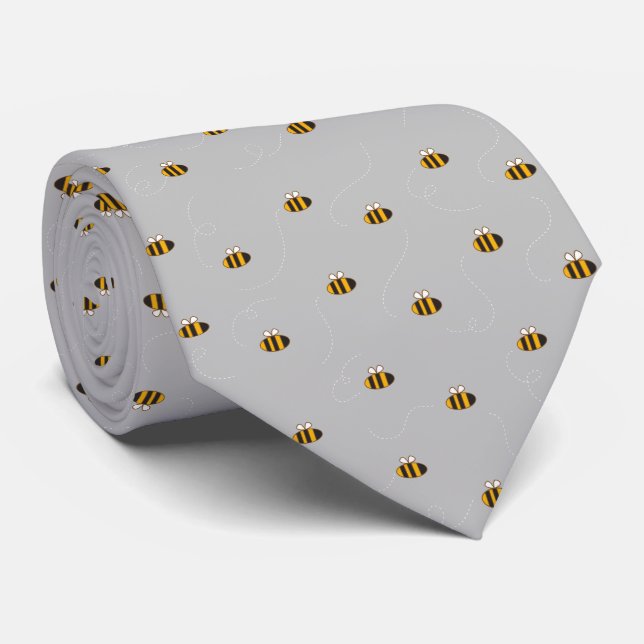 Modern Grey Yellow Bee Seamless Pattern Neck Tie (Rolled)