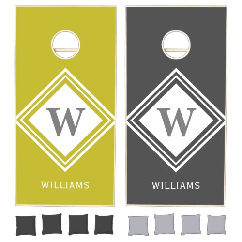 Modern Grey Yellow Gold Family Monogram Name Cornhole Set