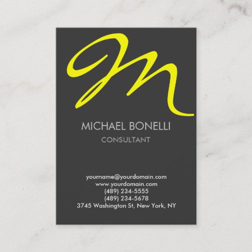 Modern grey yellow script monogram business card