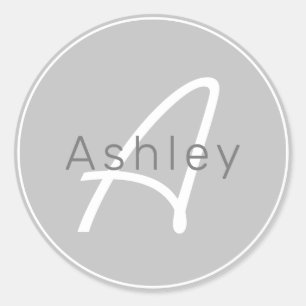 Modern Greys & White Cool Name & Monogram Classic Round Sticker