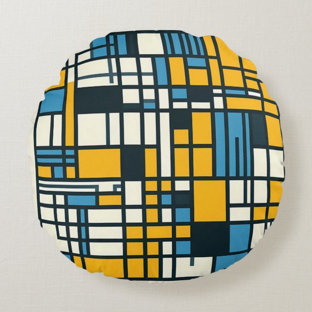 Modern Grid Abstraction – Mondrian-Inspired Geomet Round Pillow (Front)