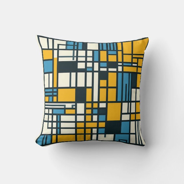 Modern Grid Abstraction – Mondrian-Inspired Geomet Throw Pillow (Front)