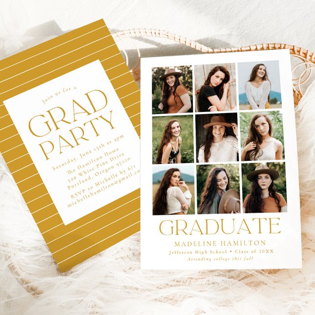 Modern Grid Gold 9 Photo Collage Graduation Party Invitation (Creator Uploaded)