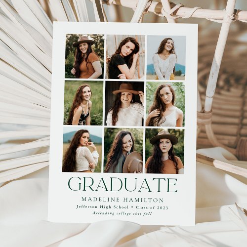 Modern Grid Green 9 Photo Collage Graduation Announcement