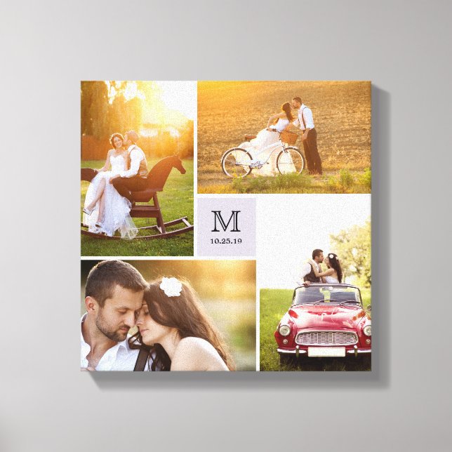 Modern Grid Monogram Wedding 4 Photo Collage Canvas Print (Front)