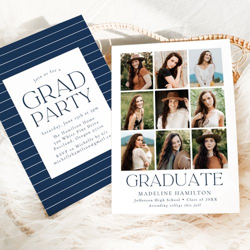 Modern Grid Navy 9 Photo Collage Graduation Party Invitation