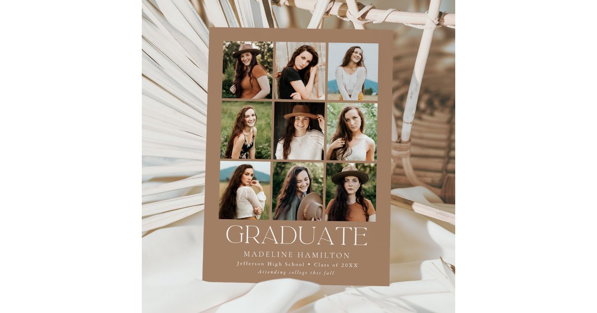 Modern Grid Tan 9 Photo Collage Graduation Announcement | Zazzle