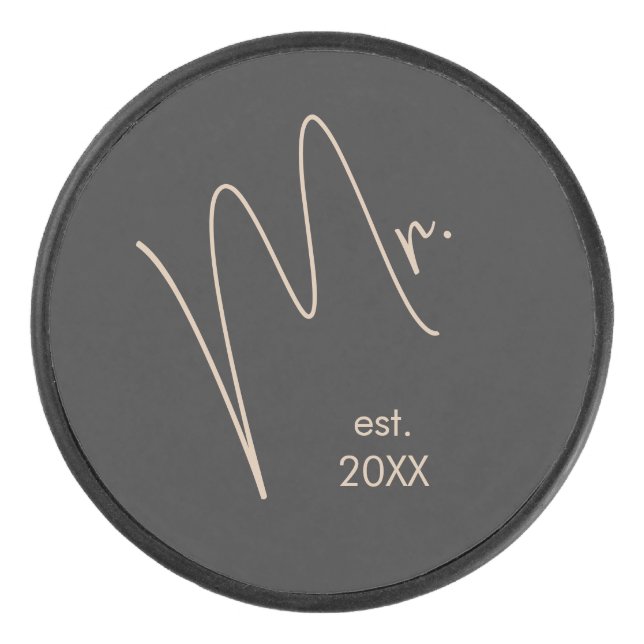 Modern Groom | Beige + Black Script Hockey Puck (Front)