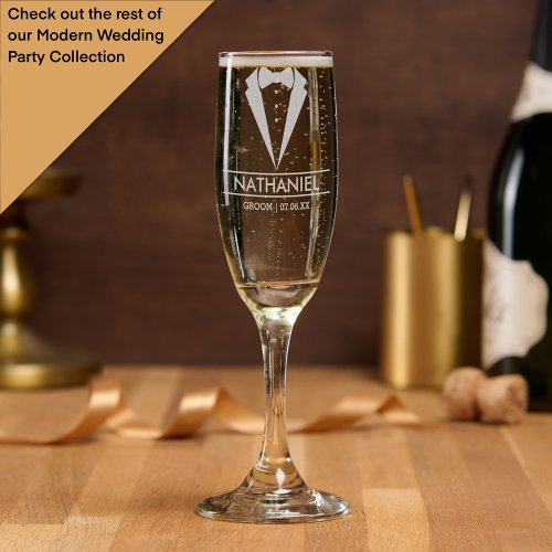 Modern Groom Custom Name with Tuxedo Champagne Flute