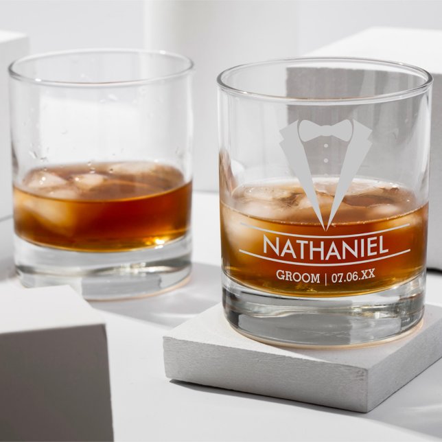 Modern Groom Custom Name with Tuxedo Rocks Glass (Creator Uploaded)