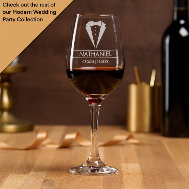 Modern Groom Custom Name with Tuxedo Wine Glass (Creator Uploaded)