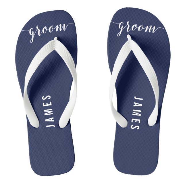 Modern Groom Navy Blue Wedding Party Flip Flops (Footbed)