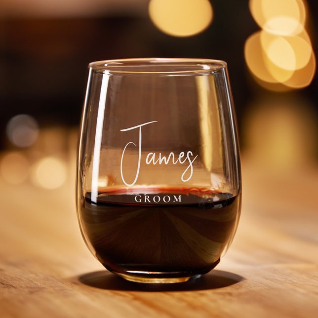 Modern Groom Wedding Stemless Wine Glass (Creator Uploaded)
