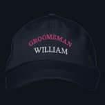 Modern Groomsman Bachelor Party Custom Embroidered Baseball Cap<br><div class="desc">Add a name and the role to play at the wedding by clicking the "Personalized" button. This chic and stylish cap serves as the perfect memento of a memorable getaway with your favorite buddies. The front of the cap showcases a captivating sports-inspired "Groomsman" typography that perfectly captures the fun and...</div>
