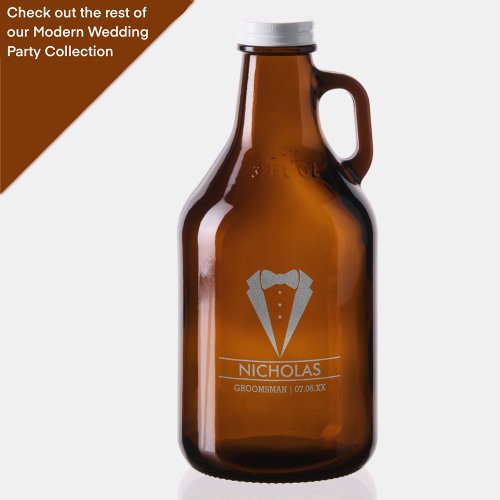 Modern Groomsman Custom Name with Tuxedo Growler