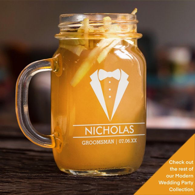 Modern Groomsman Custom Name with Tuxedo Mason Jar W/ Handle (Creator Uploaded)