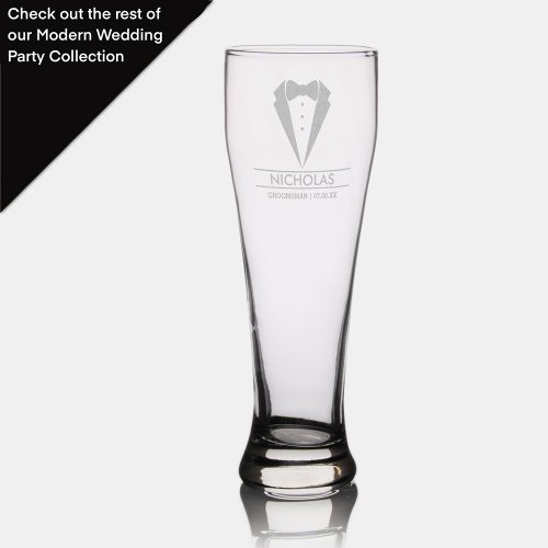 Modern Groomsman Custom Name with Tuxedo Pilsner G Pilsner Glass