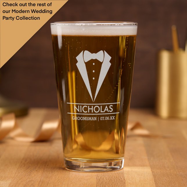 Modern Groomsman Custom Name with Tuxedo Pint Glass (Creator Uploaded)