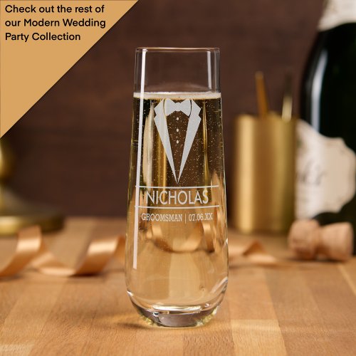 Modern Groomsman Custom Name with Tuxedo Stemless Champagne Flute