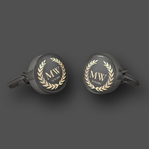 Modern Groomsmen Bestman Wedding Black Gold Cufflinks