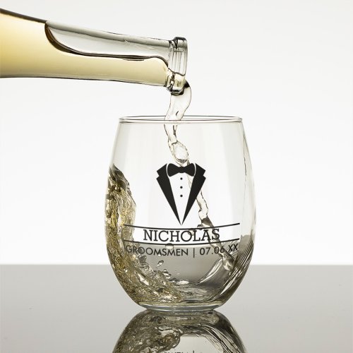 Modern Groomsmen Custom Name with Tuxedo Stemless Wine Glass