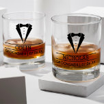 Modern Groomsmen Custom Name with Tuxedo Whiskey Glass<br><div class="desc">Elevate your groomsmen gifts with our custom glass can-a timeless keepsake that combines style and personalization. The sleek silhouette of a tuxedo sets the tone, while beneath it, the groomsman’s name and the wedding date add a touch of individuality. Crafted for those who appreciate both sophistication and sentiment, this personalized...</div>