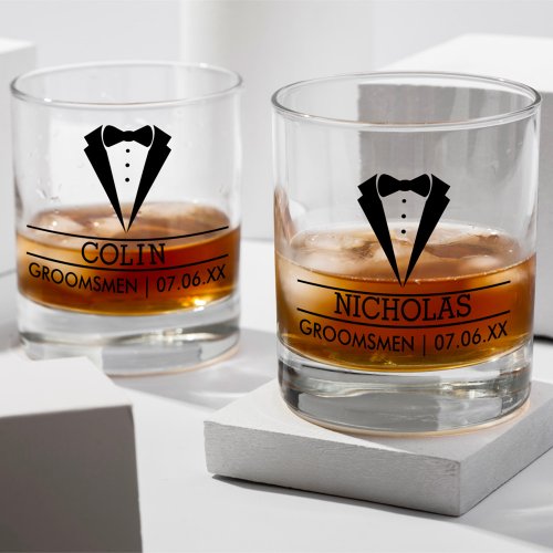 Modern Groomsmen Custom Name with Tuxedo Whiskey Glass