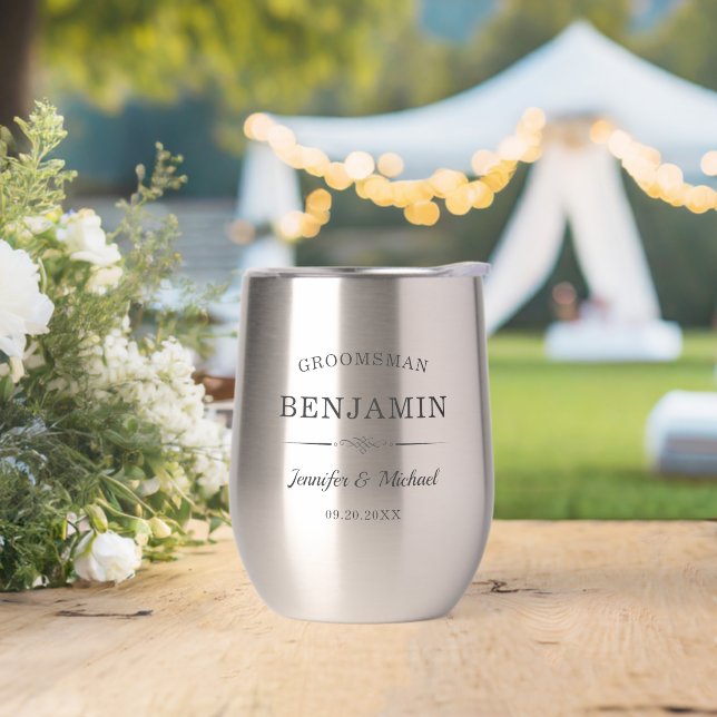 Modern Groomsmen Gift Elegant Bride and Groom Name Thermal Wine Tumbler (Wedding)