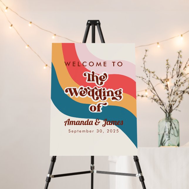 Modern Groovy Boho Retro 70s Welcome Wedding Sign (In Situ (Stand))
