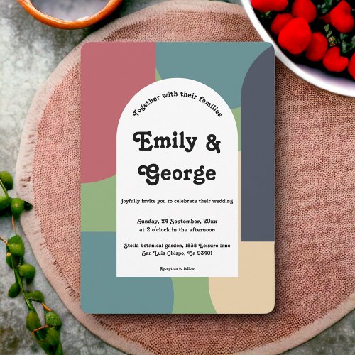 Modern Groovy Colorful Abstract Retro Wedding Invi Invitation