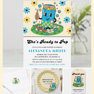 Modern Groovy Daisy Blue Yellow She's Ready to Pop Invitation