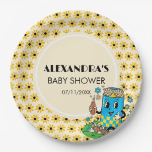Modern Groovy Daisy Blue Yellow She's Ready to Pop Paper Plates