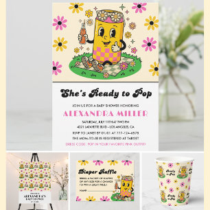 Modern Groovy Daisy Pink Yellow She's Ready to Pop Invitation