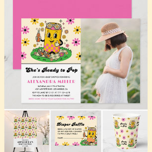 Modern Groovy Daisy Pink Yellow She's Ready to Pop Invitation
