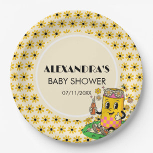 Modern Groovy Daisy Pink Yellow She's Ready to Pop Paper Plates