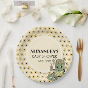 Modern Groovy Daisy Sage Green She's Ready to Pop Paper Plates