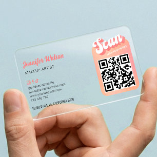 Modern Groovy Peach Lashes Nails QR Code Plastic Clear Business Cards