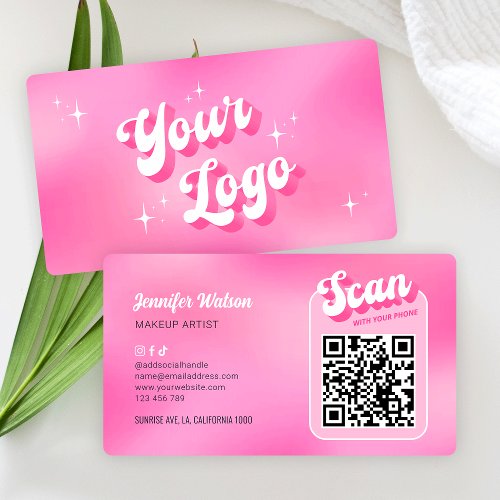 Modern Groovy Pink Logo Makeup Nails Salon QR Code Business Card