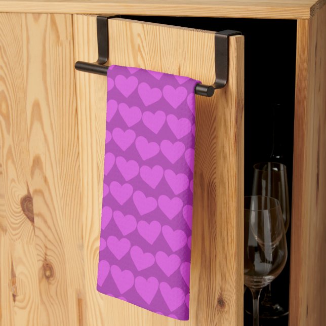Modern Groovy Purpl Hearts Pattern Valentines Cute Kitchen Towel (Thirds Fold)