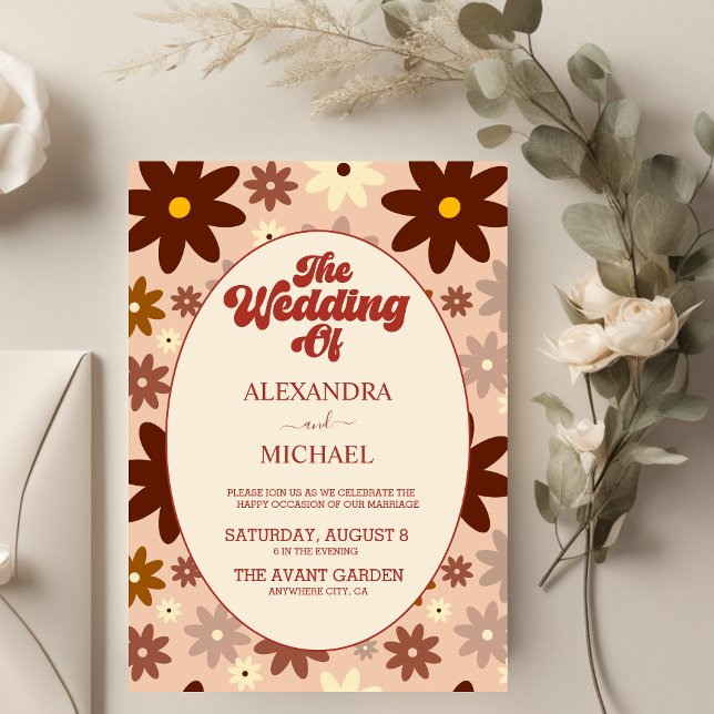 Modern Groovy Retro 70s Floral Wedding Invitation (Creator Uploaded)