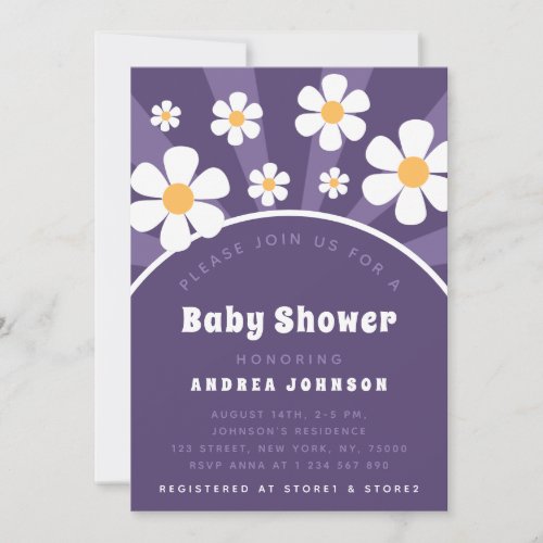 Modern Groovy Retro 70s Purple Daisy Baby Shower Invitation
