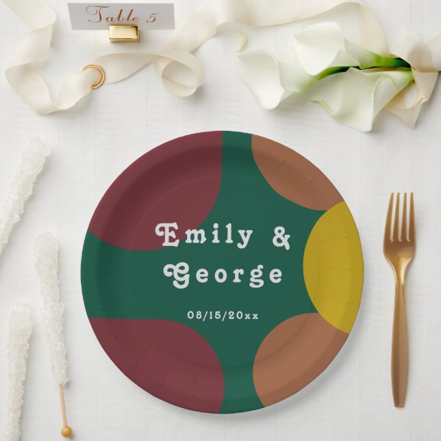 Modern Groovy Retro 70's Stylish Abstract Wedding Paper Plates (Wedding)